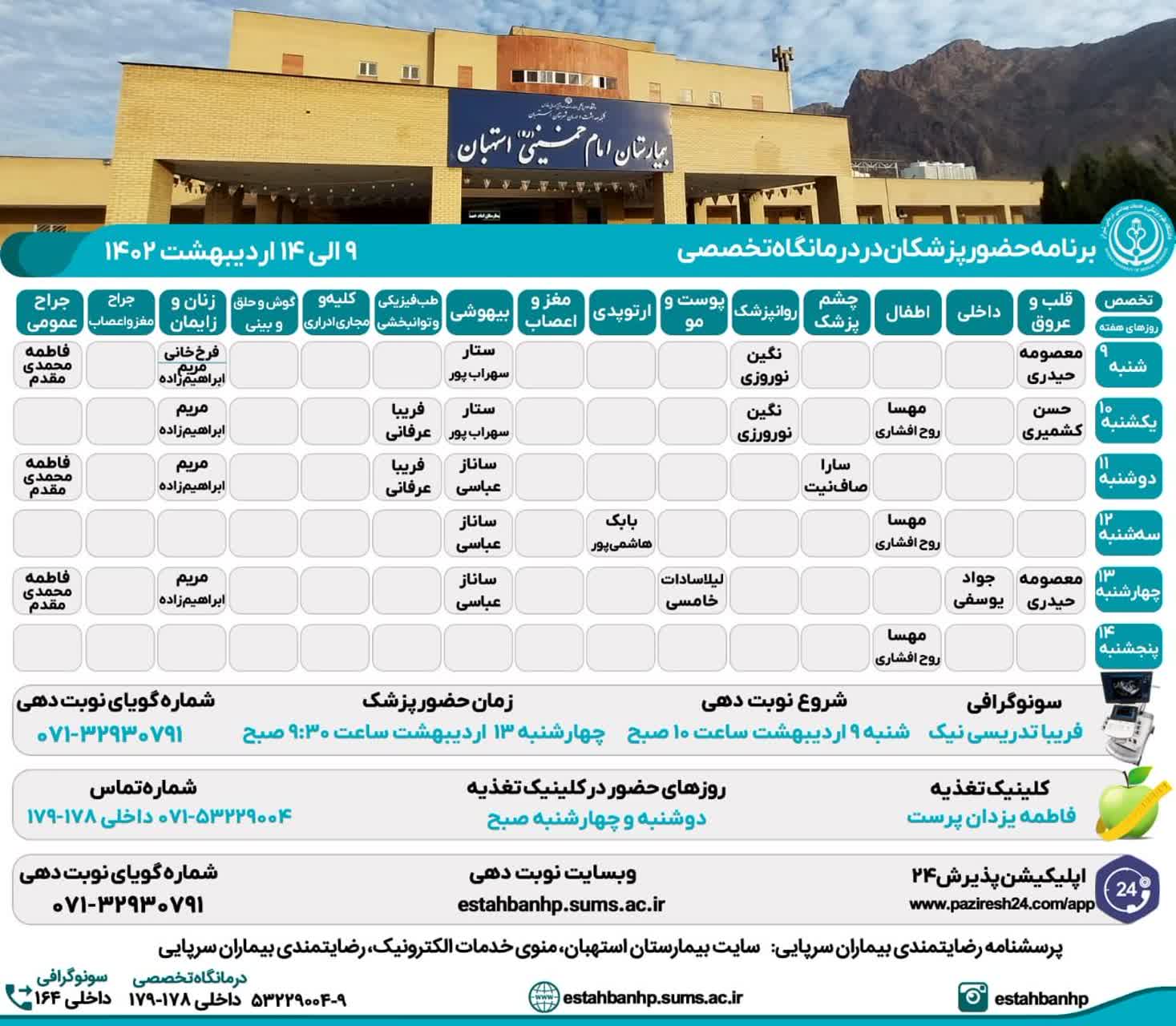 برنامه حضور پزشکان در درمانگاه تخصصی بیمارستان امام خمینی(ره) استهبان