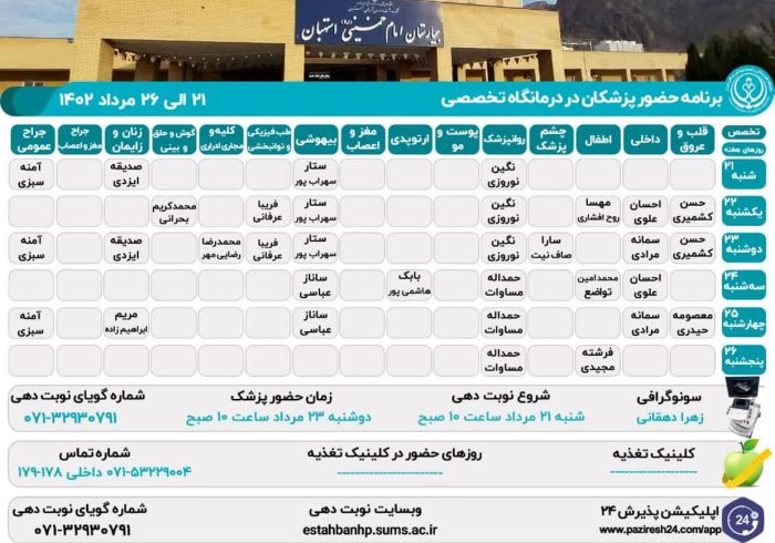 برنامه حضور پزشکان در درمانگاه تخصصی بیمارستان امام خمینی(ره) استهبان