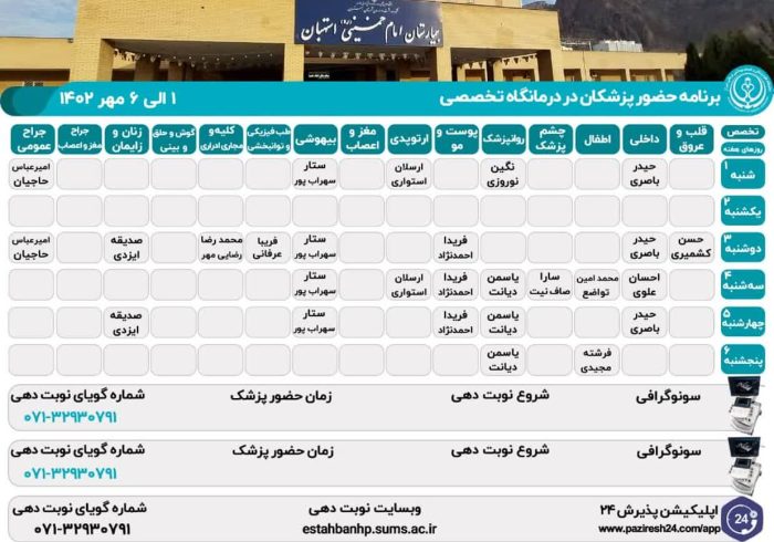 برنامه حضور پزشکان در درمانگاه تخصصی بیمارستان امام خمینی(ره) استهبان