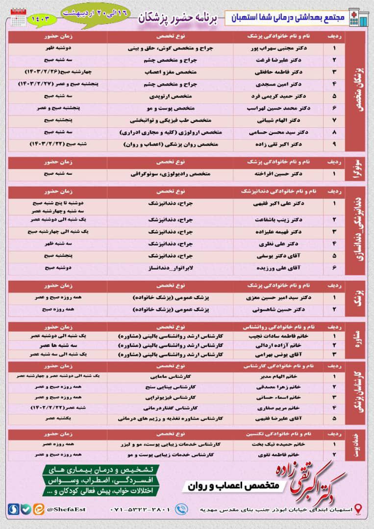 برنامه حضور پزشکان در مجتمع بهداشتی درمانی شفا استهبان از تاریخ 16الی 20 اردیبهشت ماه 1403