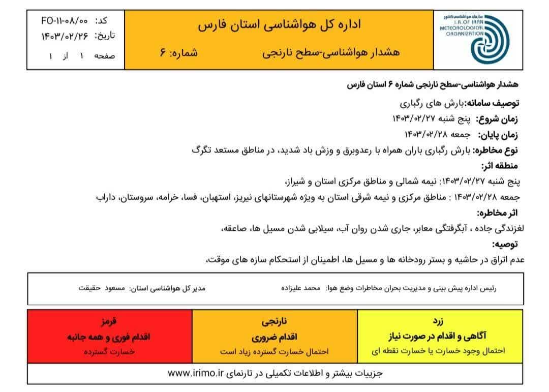 صدور هشدار هواشناسی برای شهرستان استهبان