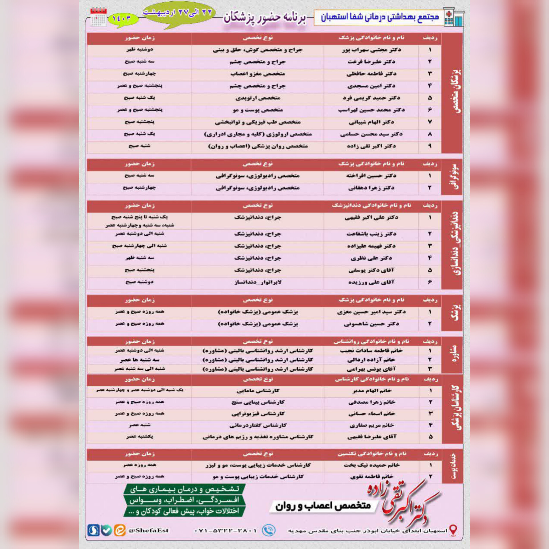 برنامه حضور پزشکان در مجتمع بهداشتی درمانی شفا استهبان از تاریخ 22 الی 27 اردیبهشت ماه 1403