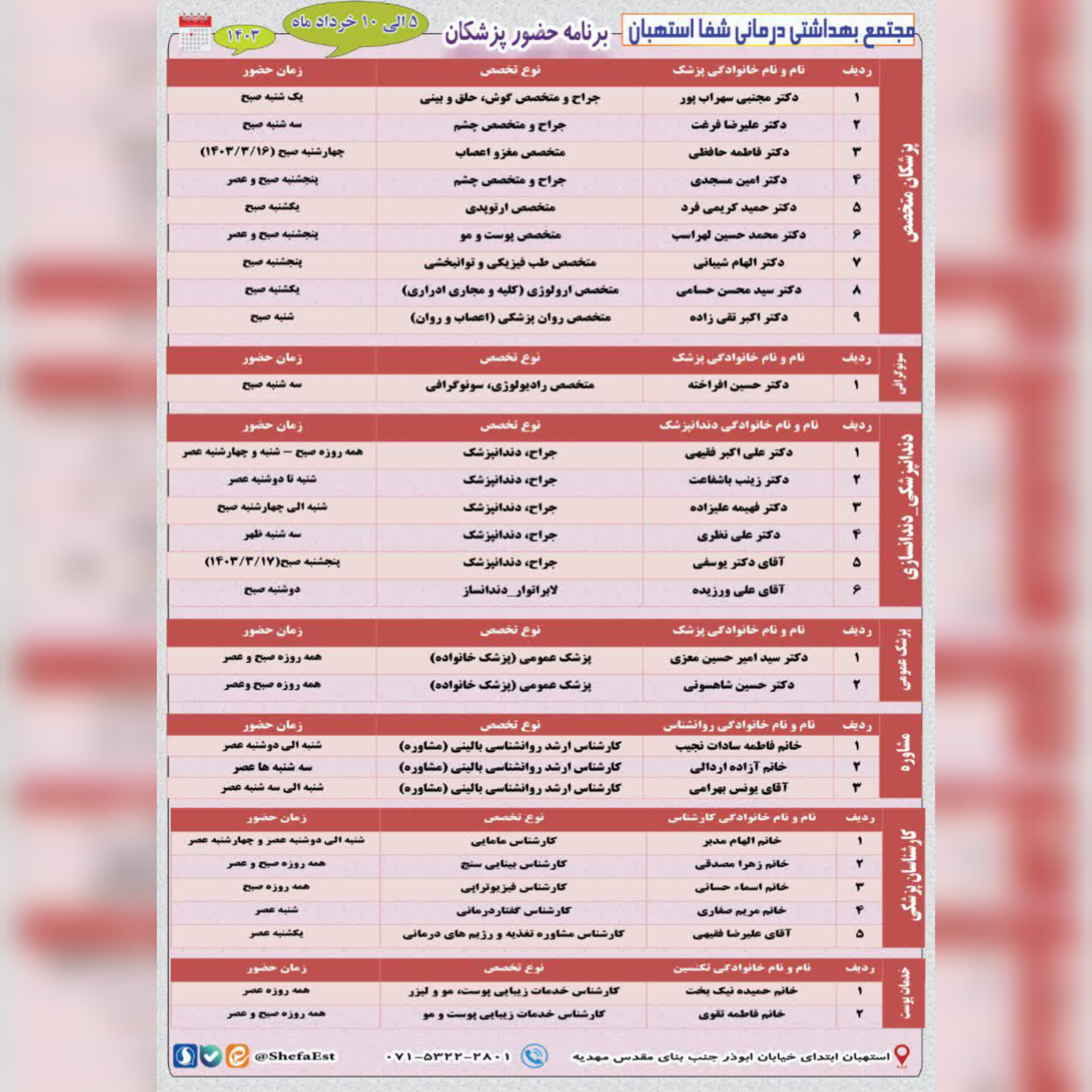 برنامه حضور پزشکان در مجتمع بهداشتی درمانی شفا استهبان