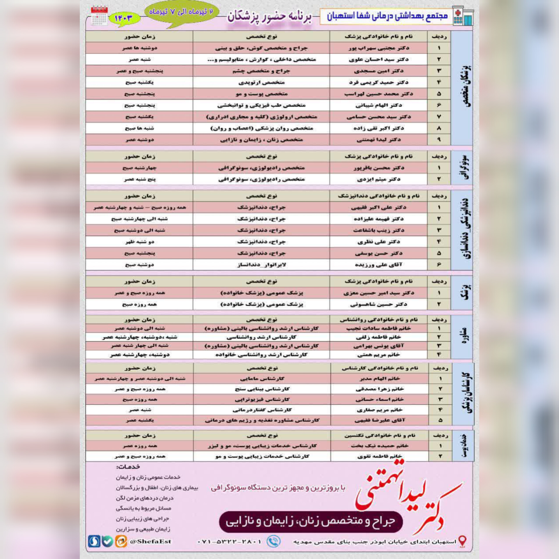 برنامه حضور پزشکان در مجتمع بهداشتی درمانی شفا استهبان از تاریخ 30 تیرماه الی 4 مرداد ماه 1403