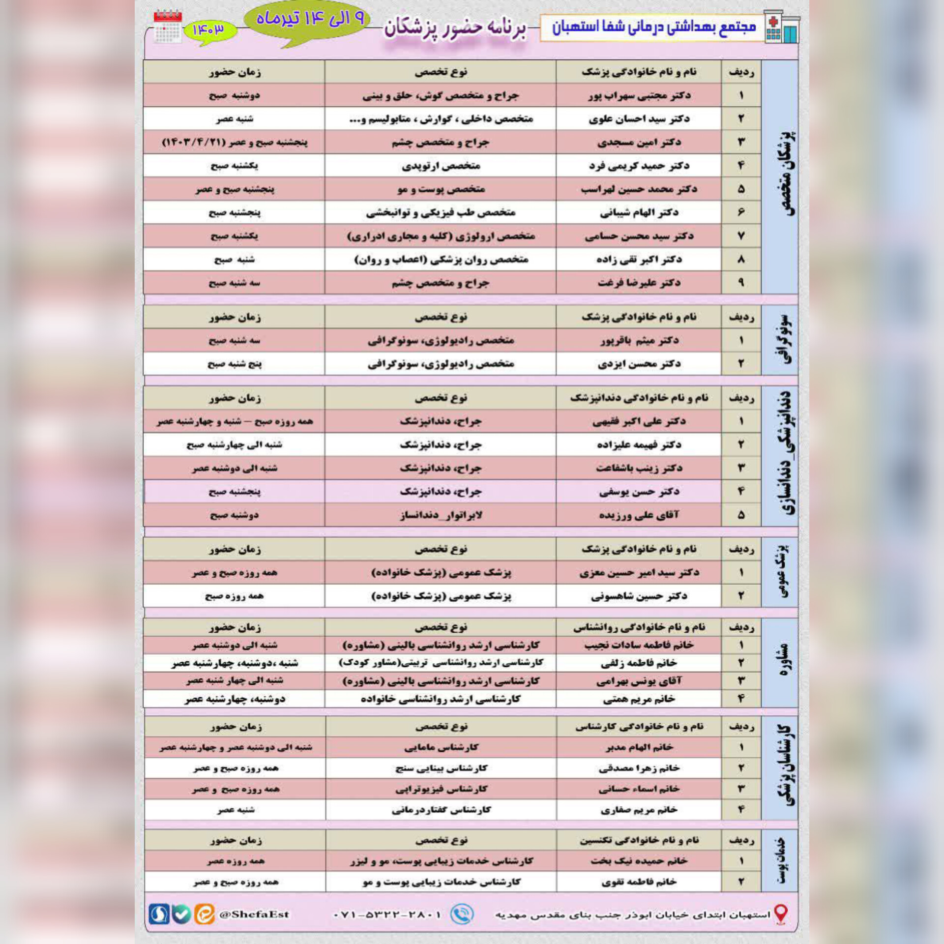 برنامه حضور پزشکان در مجتمع بهداشتی درمانی شفا استهبان از تاریخ 9 الی 14تیر ماه 1403