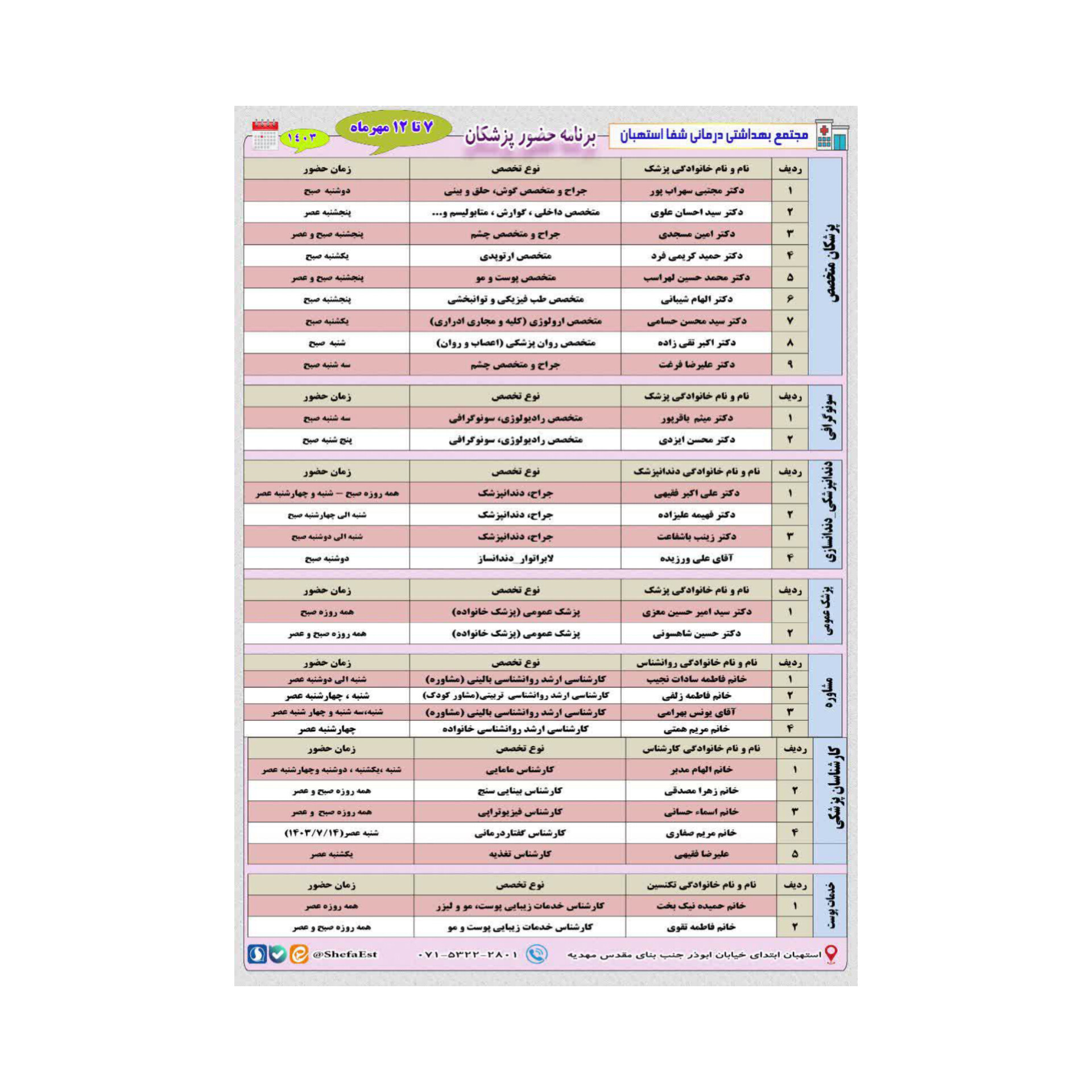 برنامه حضور پزشکان در مجتمع بهداشتی درمانی شفا استهبان از تاریخ 7 مهرماه الی 12مهر ماه 1403