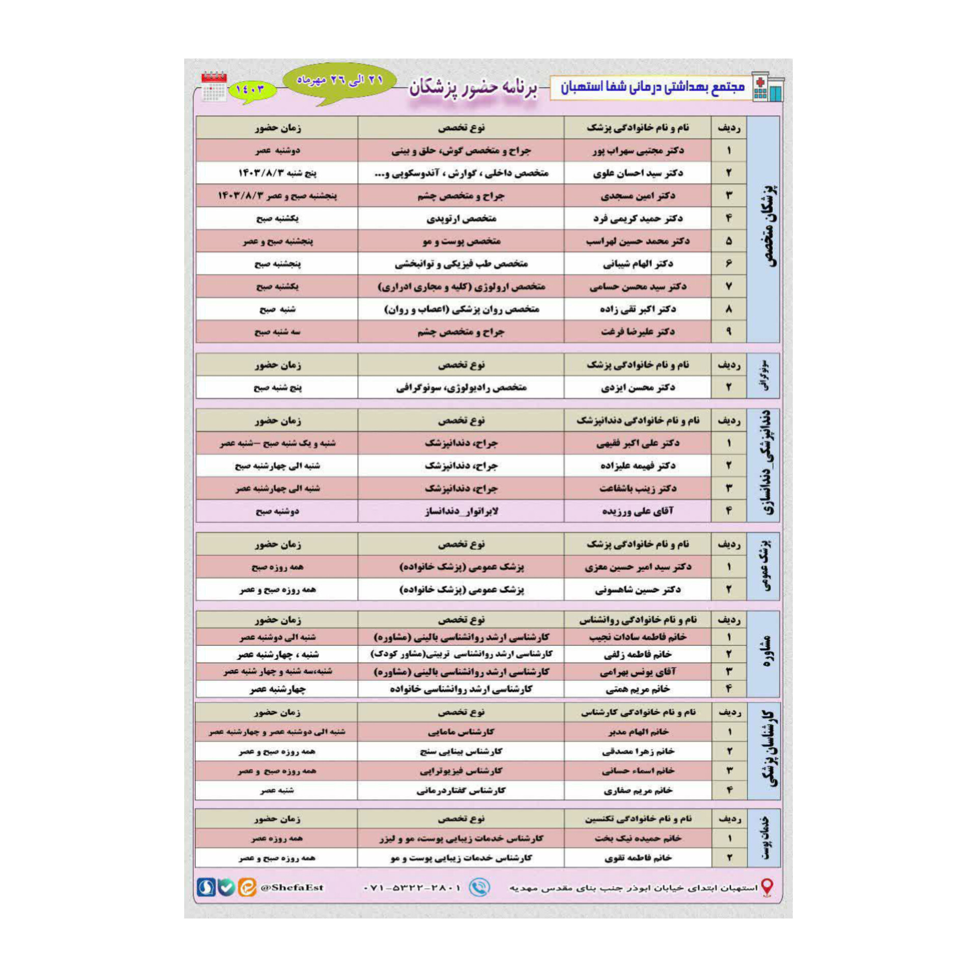 برنامه حضور پزشکان در مجتمع بهداشتی درمانی شفا استهبان از تاریخ 21 مهرماه الی 26 مهر ماه 1403