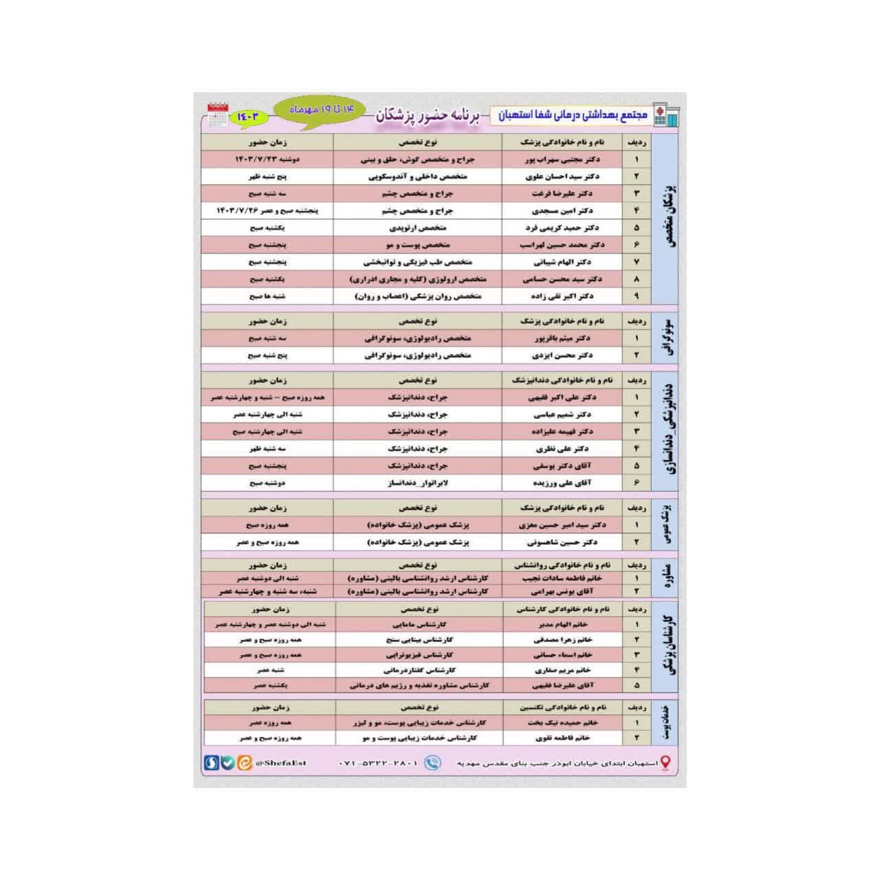 برنامه حضور پزشکان در مجتمع بهداشتی درمانی شفا استهبان از تاریخ 14 مهرماه الی 19 مهر ماه 1403