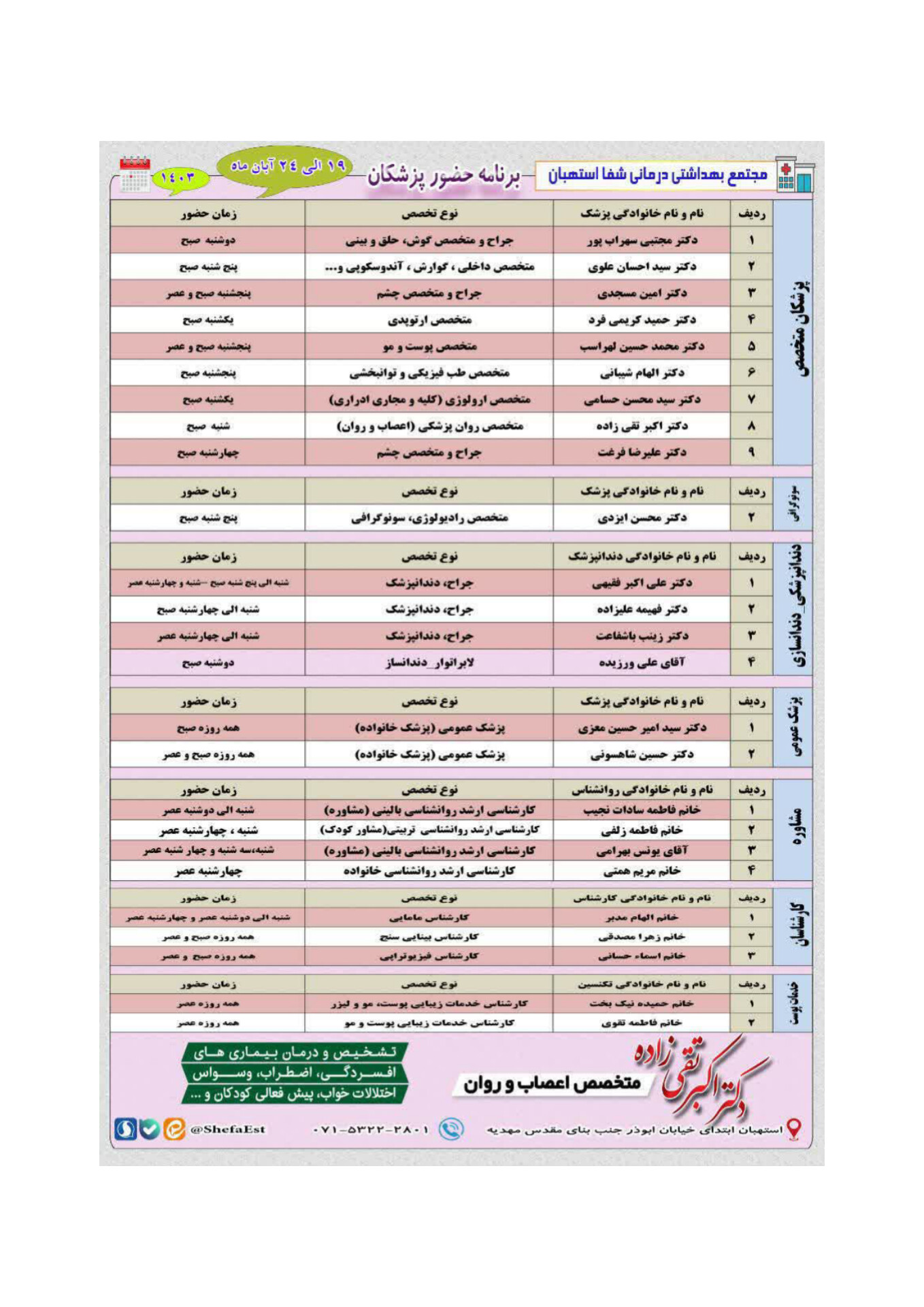 برنامه حضور پزشکان در مجتمع بهداشتی درمانی شفا استهبان از تاریخ ۱۹ الی ۲۴ آبان ماه ۱۴۰۳